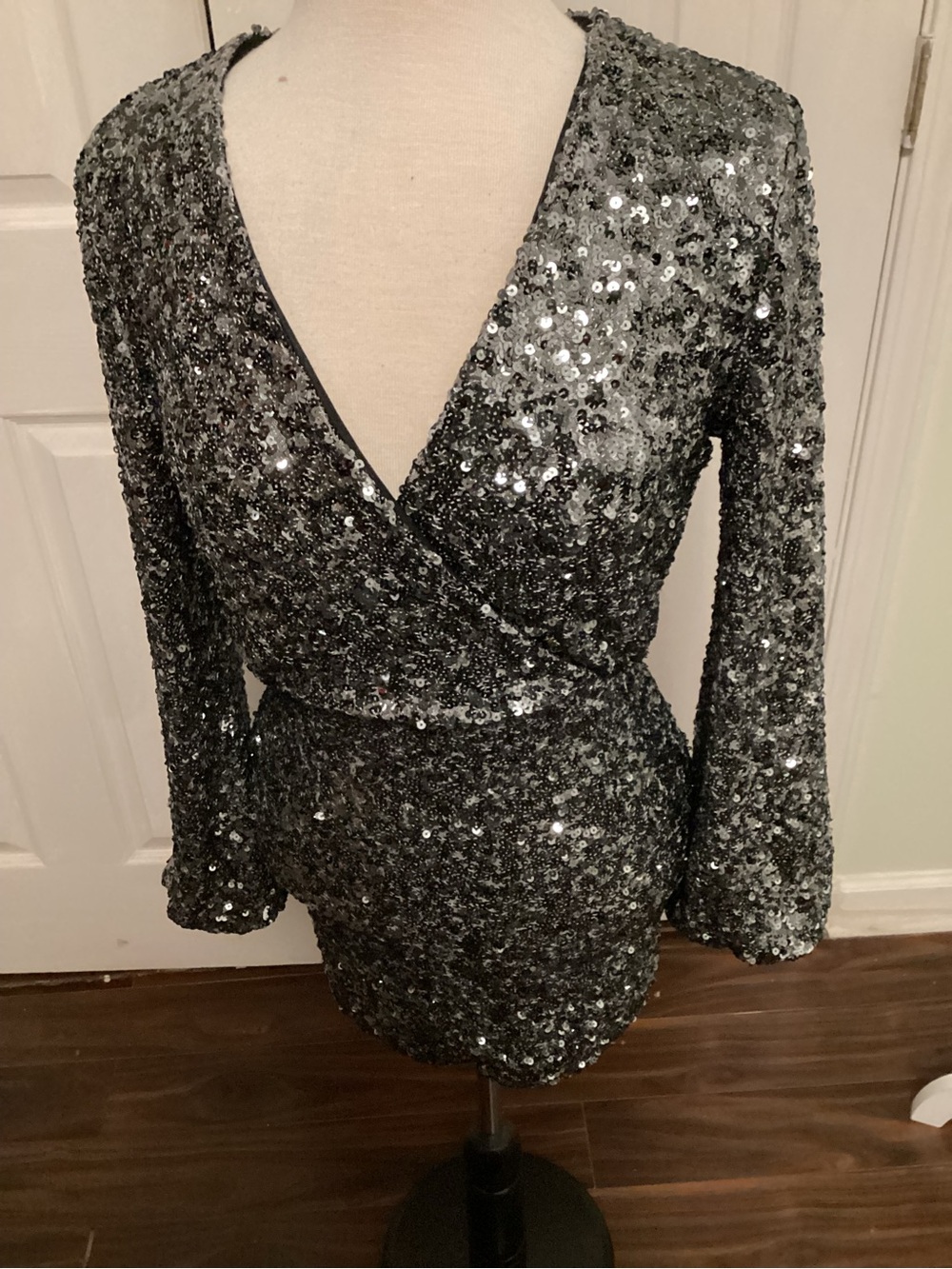 Silver Sequin Long Sleeve Wrap Mini Dress